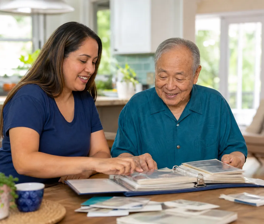 A caregiver assisting a senior at home