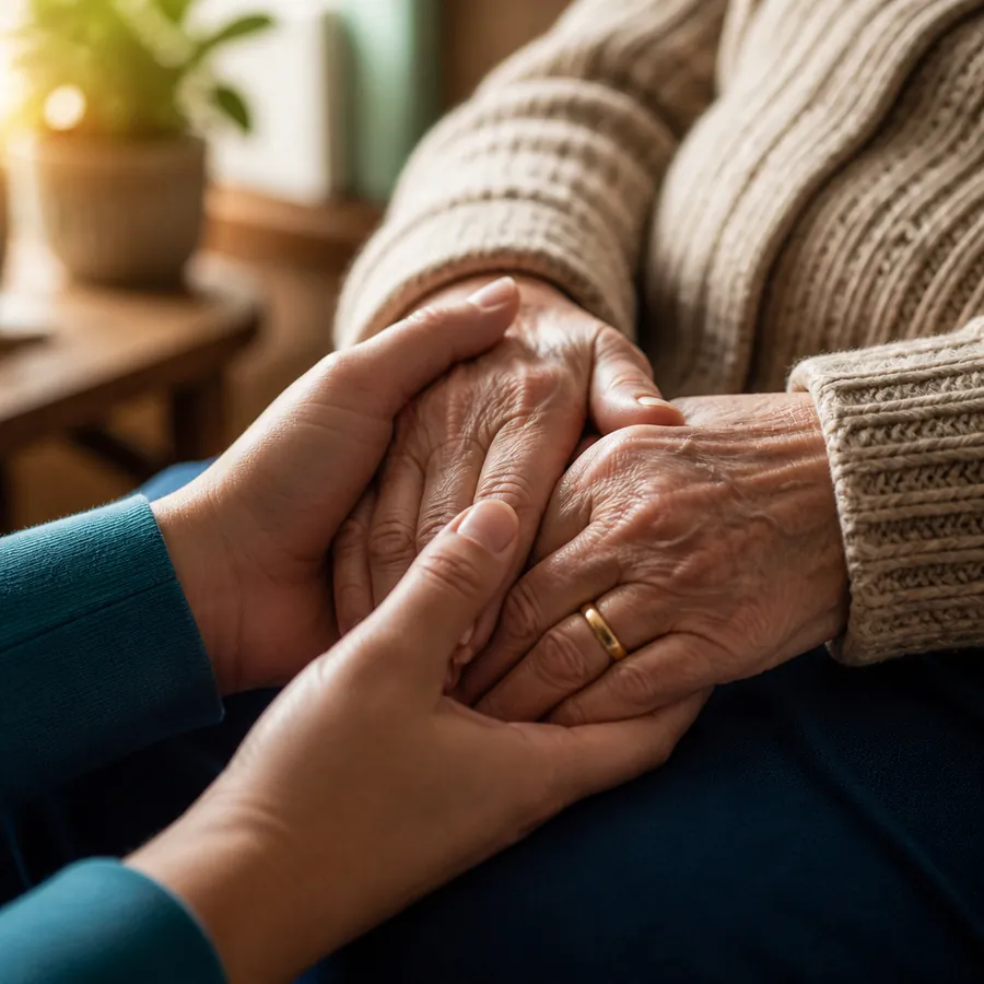 A caregiver holding the hands of a senior with warmth and care