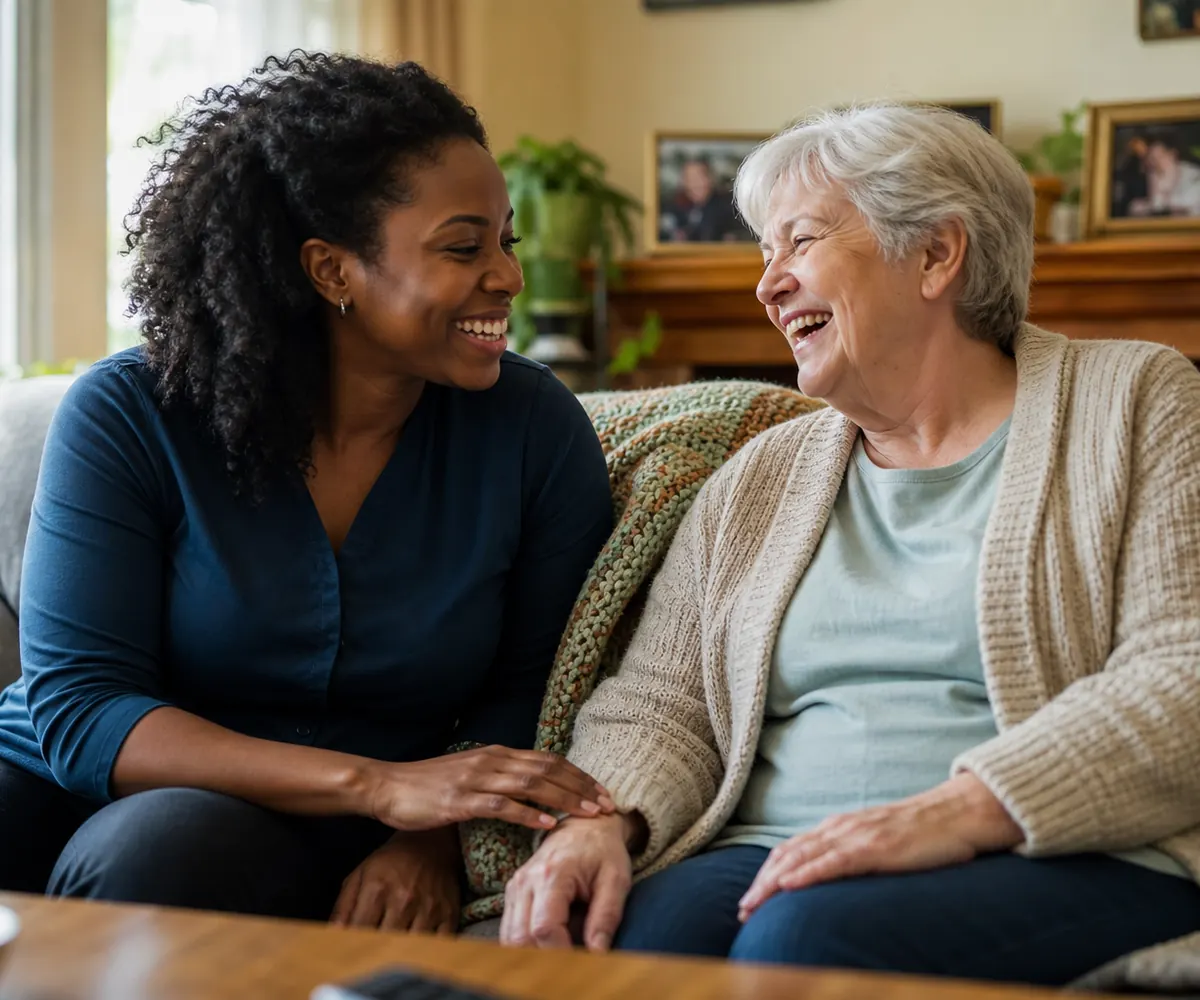 A caregiver sharing a joyful moment with a senior at home